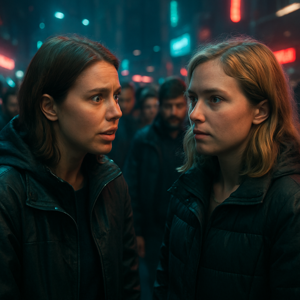 The dreamer encounters Karen in a crowd, expresses relief at her presence, and shares personal struggles about going off the pill after six years.