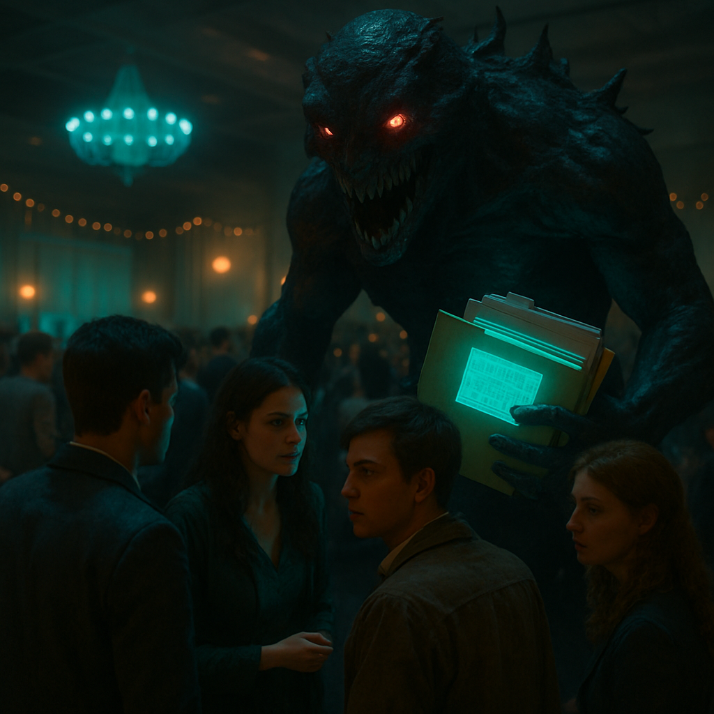 The dream involves overseeing a social event where a large black monster has control over files containing personal information about the attendees. The dreamer and their group are aware of this, unlike the others.