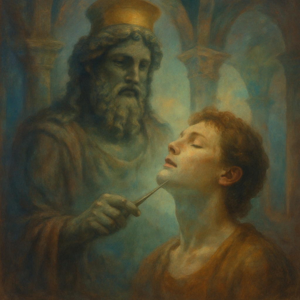 The dreamer experiences a transformative encounter with the god Sarapis, represented through statues, who performs a ritualistic cleansing on the dreamer's face and neck, symbolizing personal renewal.