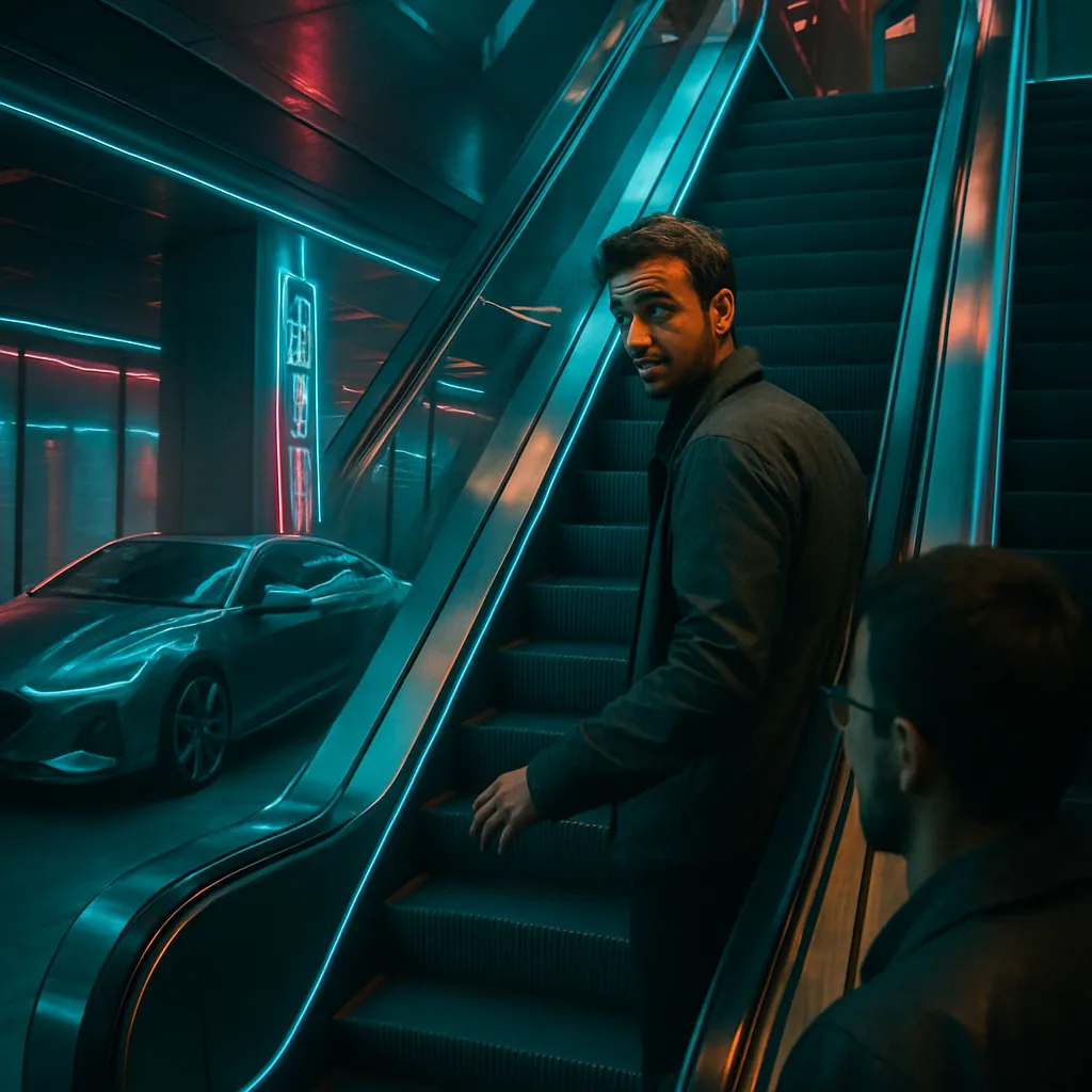 The dreamer is searching for a new car and recognizes a familiar person while passing by on an escalator, realizing they were meant to meet up.