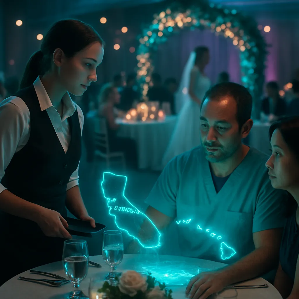 The dreamer is at a wedding reception, working as a server. They interact with a colleague, a nurse, who imagines a map from California to Hawaii, showing determination to reach Hawaii for family reasons.
