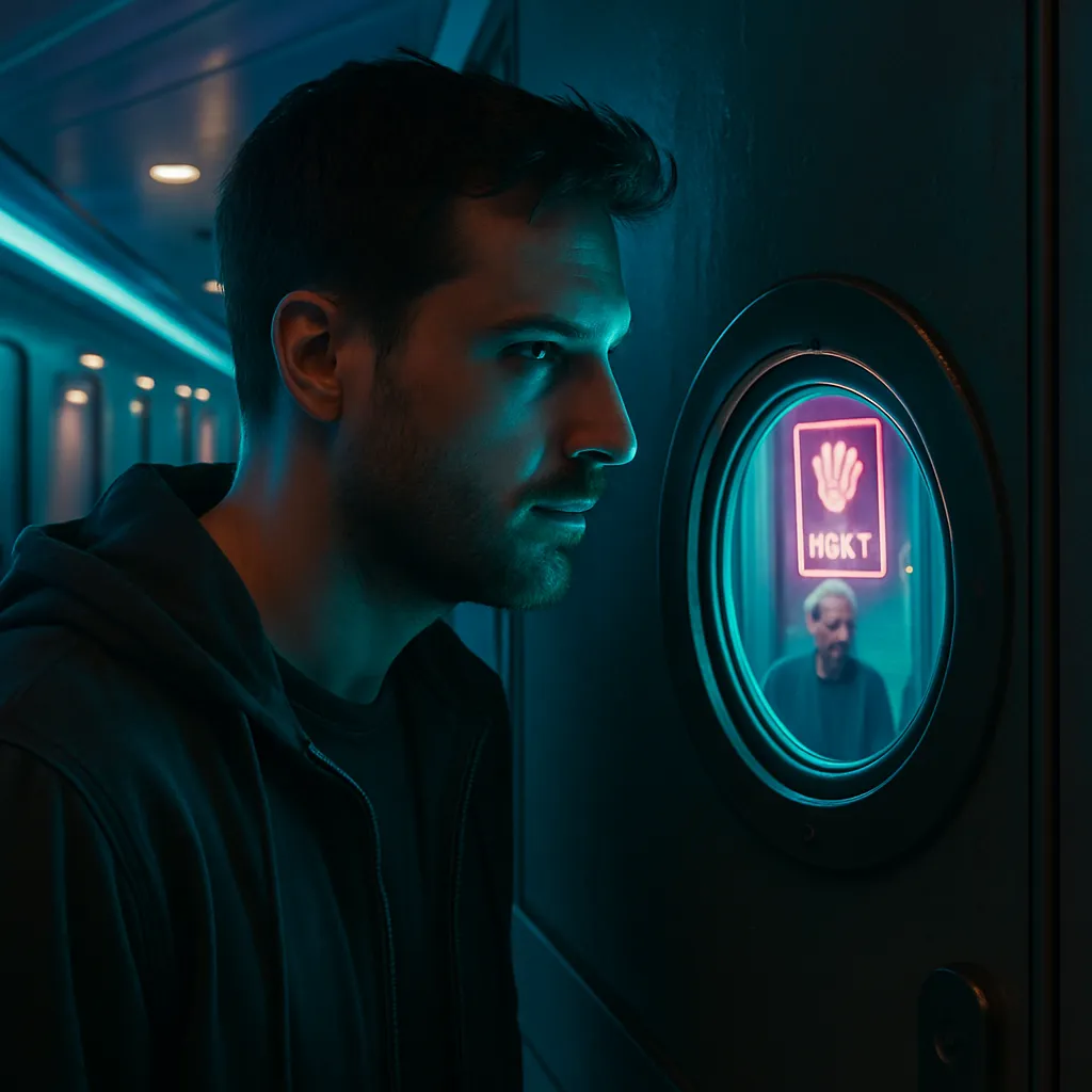 In the dream, the dreamer is inside an apartment that feels like a cruise ship, suggesting a transition. Observing through a peephole, the dreamer feels a presence that shares a symbol for 'mercy' and a word similar to 'Adalaide.'