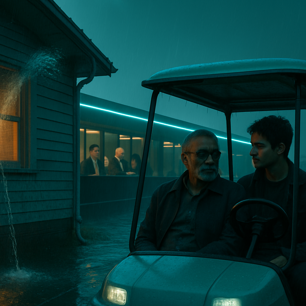The dream involves a childhood home where water from a sprinkler causes a leak in the dreamer's old bedroom. During a school board meeting, the dreamer faces mockery but receives counsel from an older man. The dream transforms to a pilgrimage scene with cultural elements and a romantic encounter inside a modern structure.
