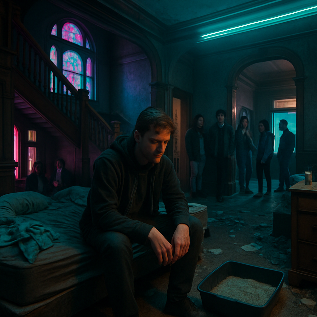 The dreamer finds themselves living in a large, unfamiliar house with many young people, concerned about how they ended up there. A messy room with cat litter symbolizes neglect, and the house's grandeur reminds them of buildings in Portland. Unhappiness about the living situation is evident.