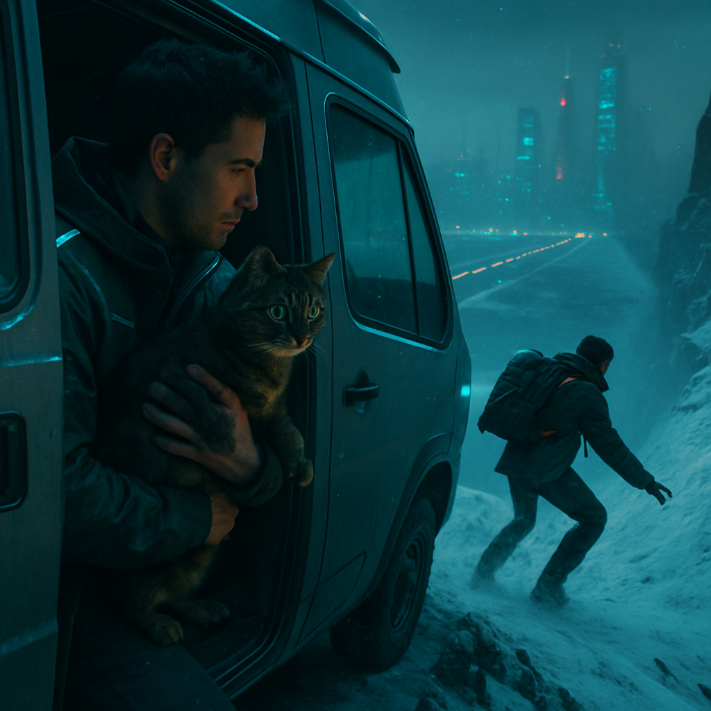 The dreamer finds their cat trapped in a van and rescues it. They then face a daunting cliff descent covered in snow, observing a man who fails to navigate it correctly.