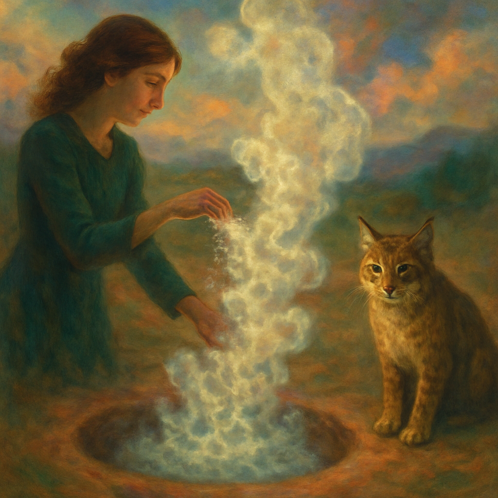 The dreamer awaits a gathering when a woman disrupts the area with bubbling powder. A wild bobcat appears, causing concern for the gathering's success. The dreamer feels a connection with the bobcat, recognizing its potential danger but not feeling afraid.