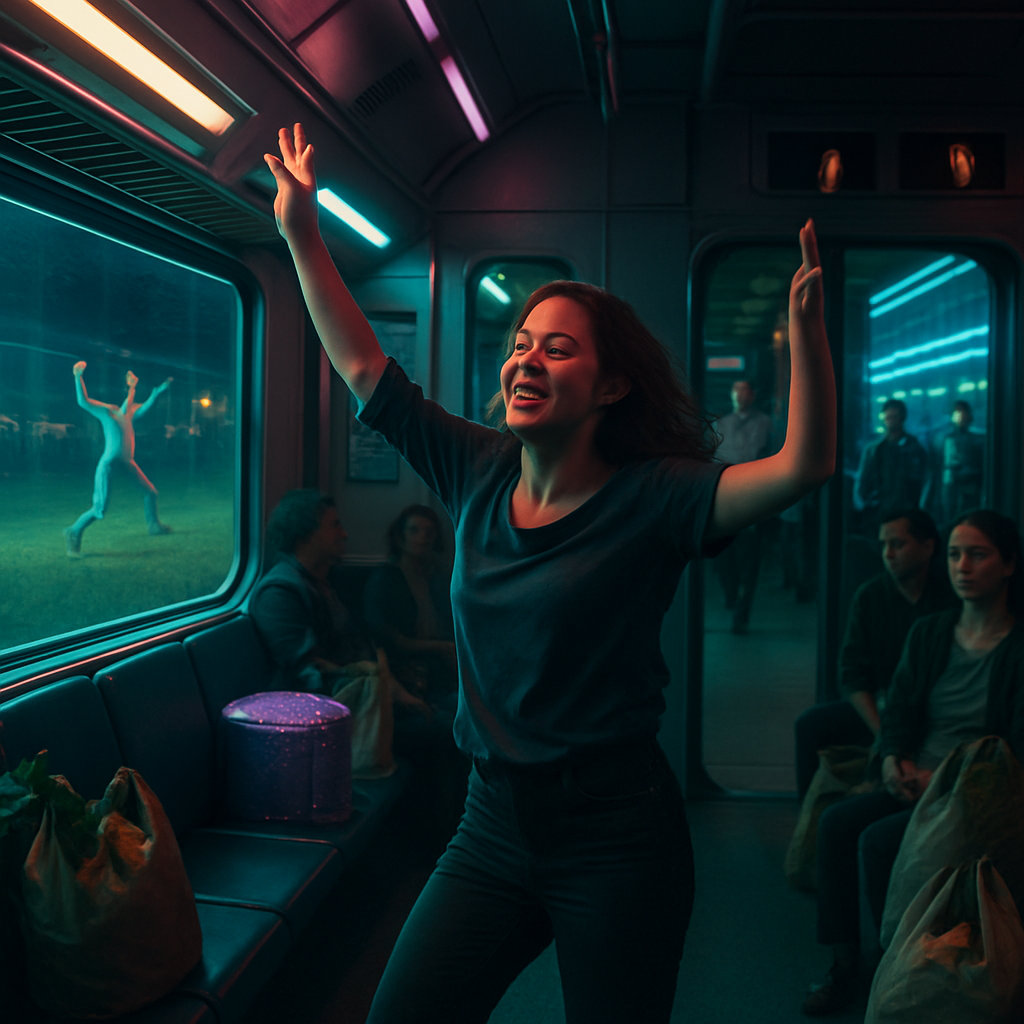 The dream involves riding a train, organizing groceries, dealing with public restroom unease, experiencing liberation and joy through dancing outdoors, and a subsequent dance scenario with defined participation rules.
