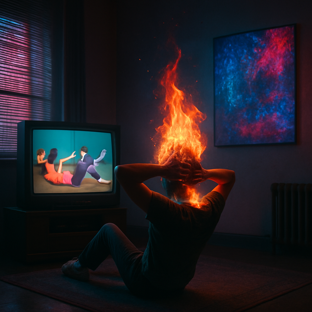 A dream in a room with an 80s workout video playing, transforming into a contemporary art experience, interrupted by loud noises and the sensation of a head on fire.