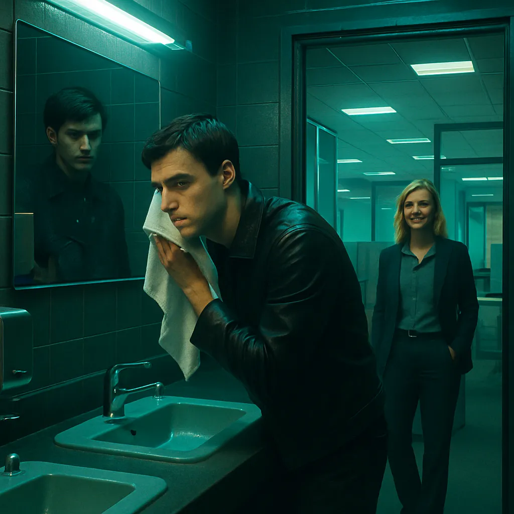 The dream involves interactions in a public restroom and an office, where the dreamer feels judged by a man and sneaks into an office building, meeting a woman employee who smiles unexpectedly.