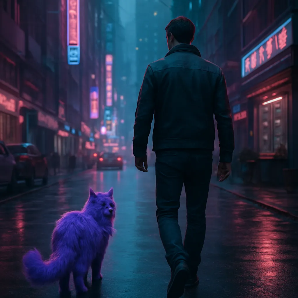 The dreamer is walking on a city street with a vivid purple cat, which has fluffy fur. They contemplate whether the cat, representing freedom and companionship, will stay with them, noticing there is no leash, giving both parties autonomy.