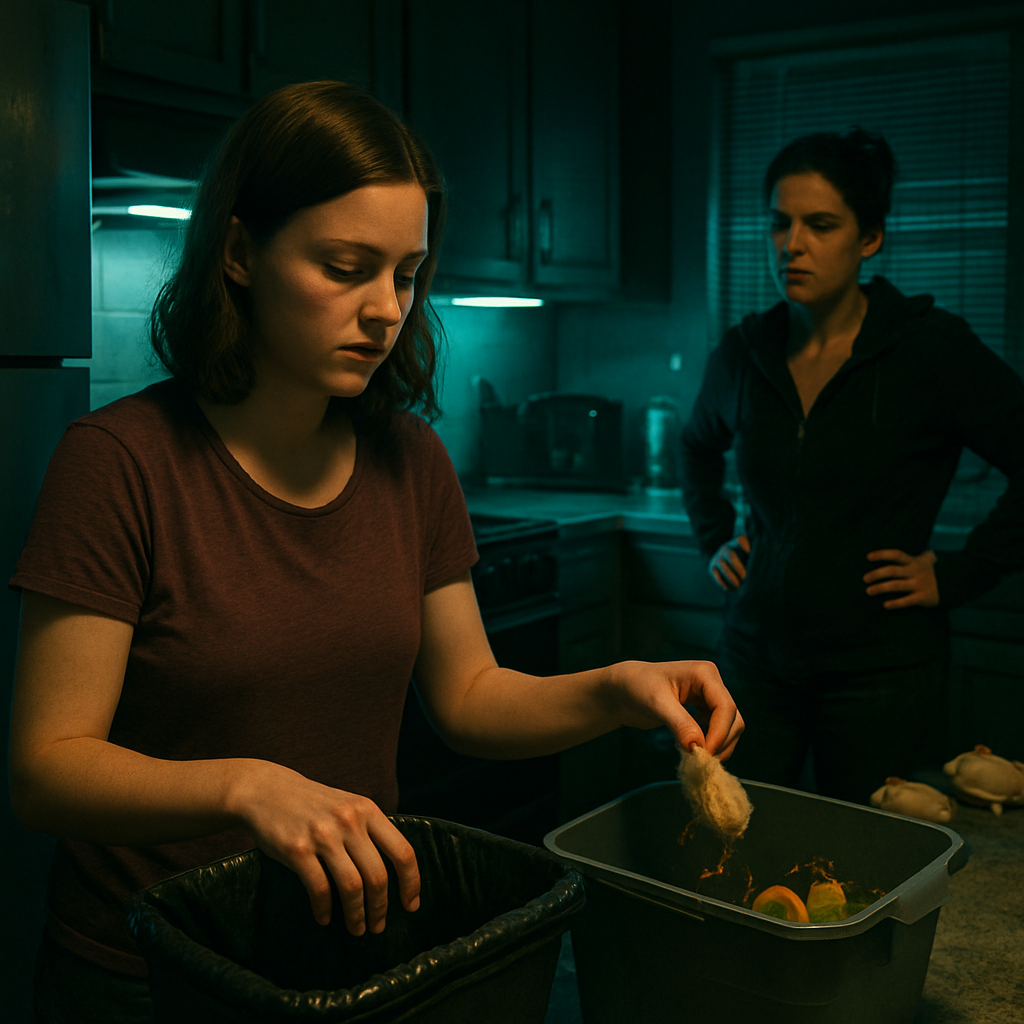 The dreamer finds themselves in their kitchen at 4 am, sorting compost and trash. They encounter very small uneaten chickens and interact with Danielle, who is hostile due to stress over an IRS letter.