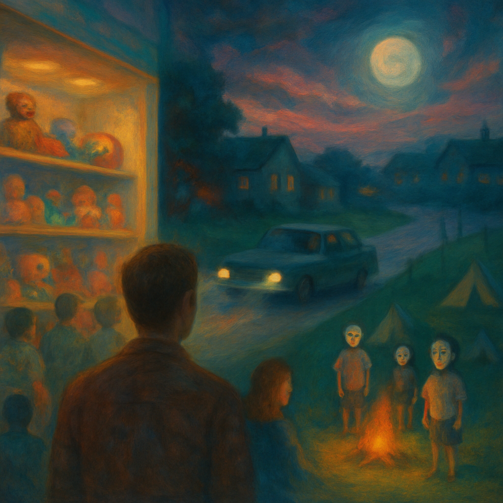 The dreamer is with strangers in a store, feels distrust, escapes an antagonist, and drives through childhood streets with a woman, noting masked children camping on fields.