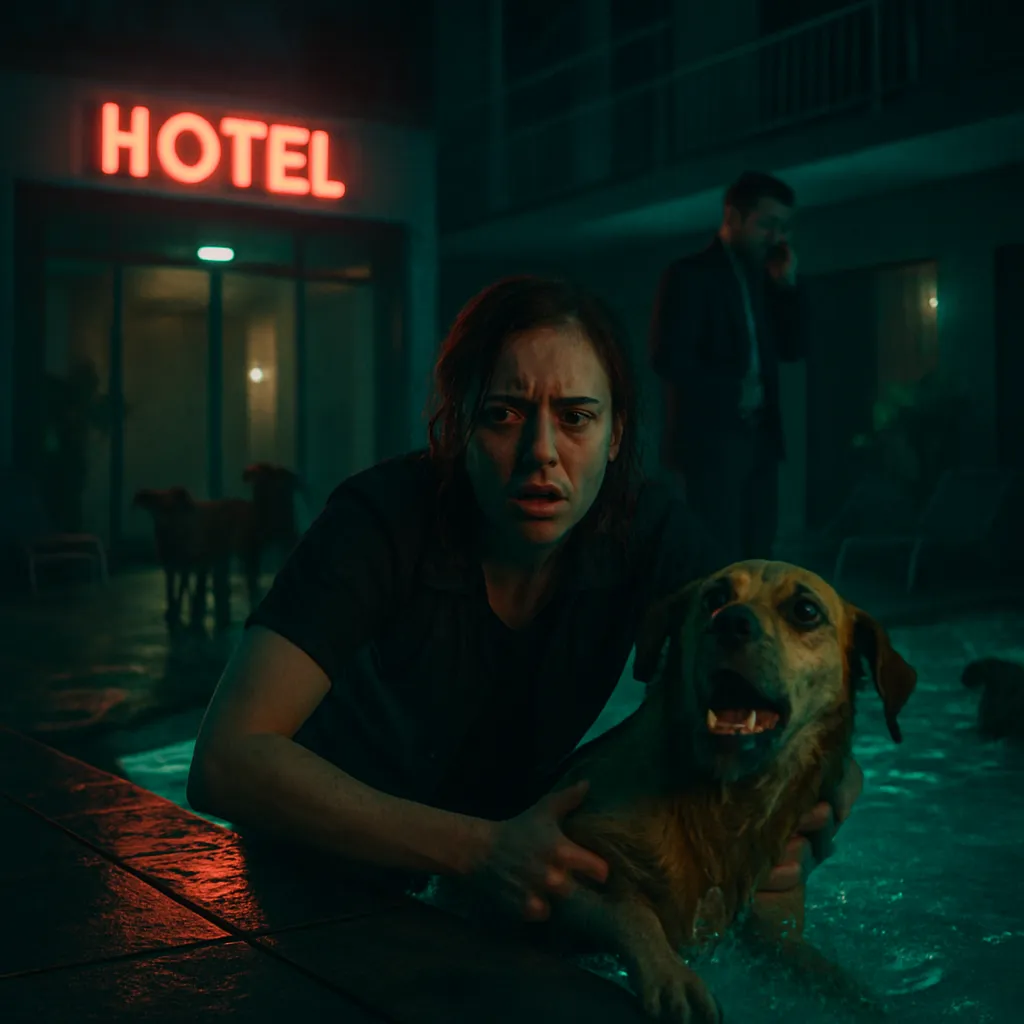 The dreamer was at a hotel at night with their ex-boyfriend Rory and dogs. By a pool, the dog Trevor started drowning. The dreamer tried to save Trevor while Rory was occupied with a work call, leaving the dreamer feeling alone, devastated, terrified, and angry.