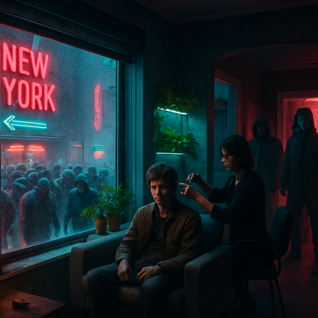 The dreamer experiences a chaotic scenario with crowds in New York. After returning home, various strangers invade the house, leading to feelings of intrusion and unrest. There are also moments of positive interaction and vivid imagery, mingled with an underlying anxiety about the virus.