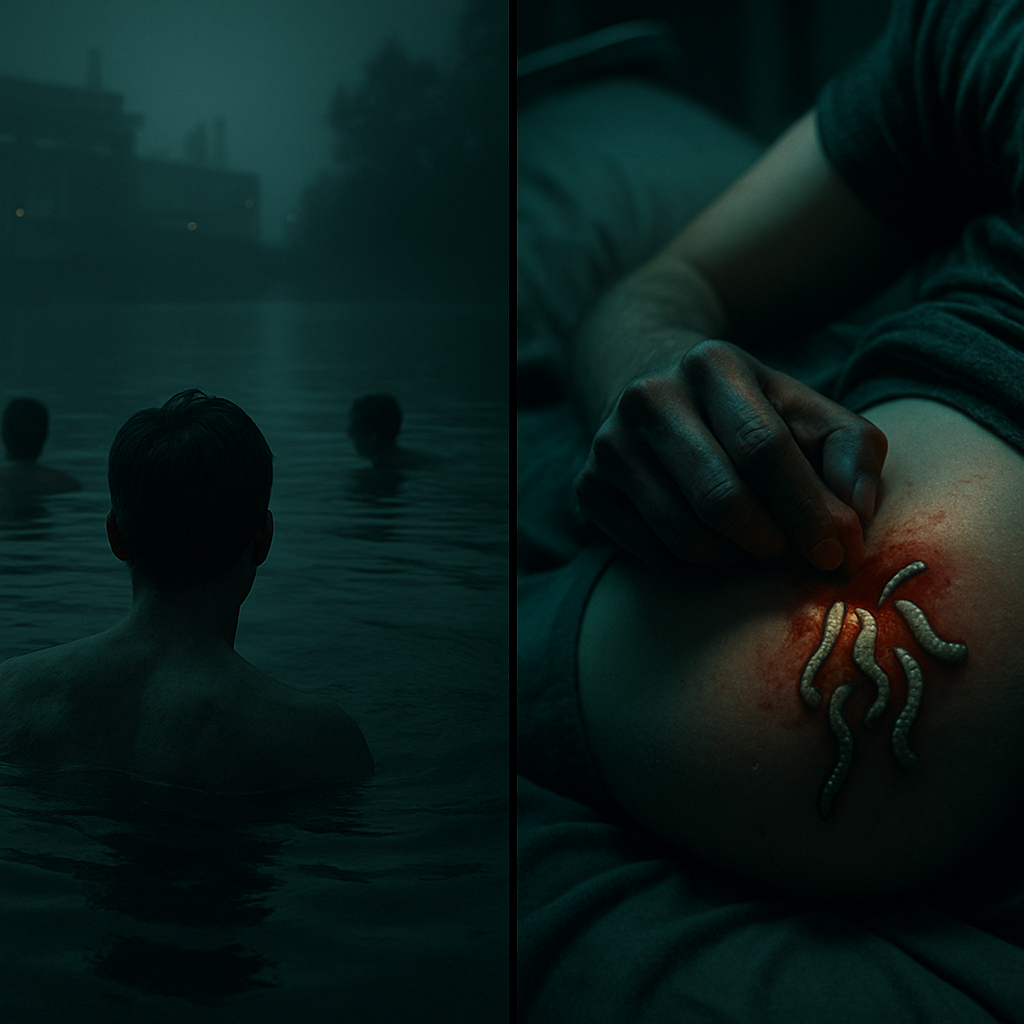 The dreamer swims in a lake with a couple of others, then transitions to being on their bed where they squeeze a pimple-like thing on their butt, discovering worms inside. They must extract the worms, which is a revolting experience.