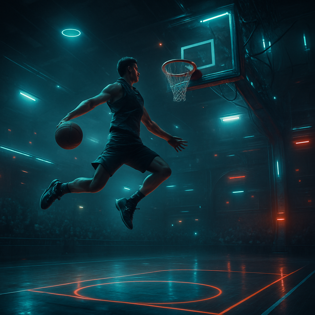 The dreamer is in a basketball game, unable to run but able to jump/float across the court to reach the basket.