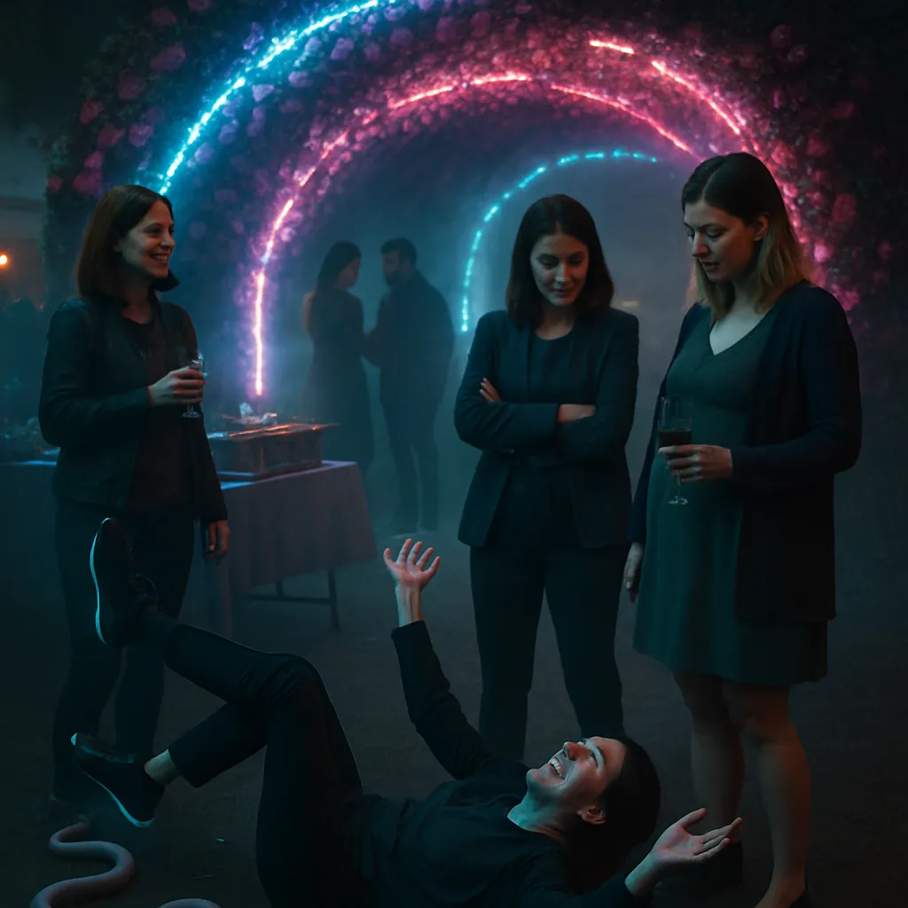 Dreamer is with work colleagues at an outdoor party, experiencing moments of joy, secrets, and unfulfilled desires. Interactions with colleagues, a tunnel of flowers, pale pink snakes, envy over pregnancy, and a complicated dinner scenario unfold.