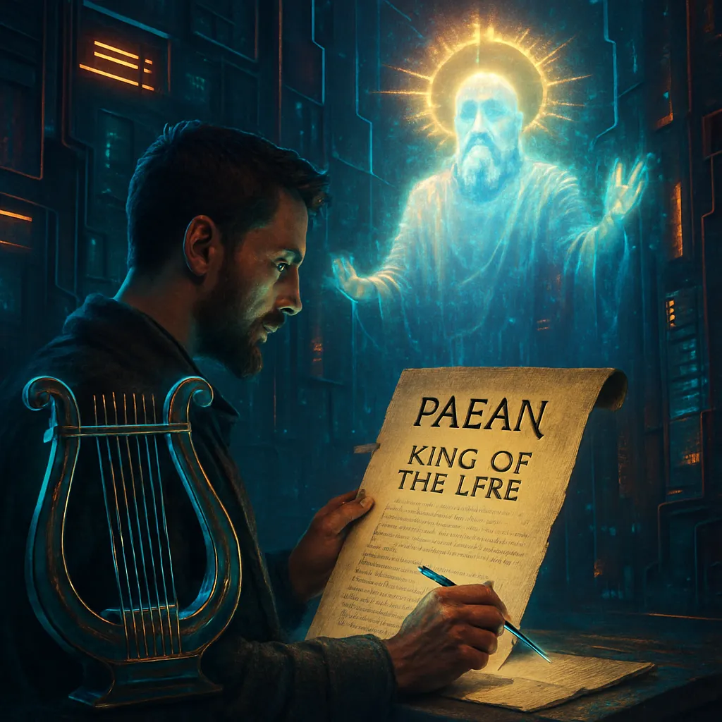 The dream involves a call to write a paean to God, signifying a desire for creative expression and spiritual connection. It begins with praise for 'Paean, king of the lyre,' symbolizing a triumphant or harmonious aspiration.