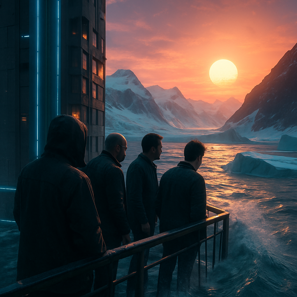 In a distant northern city, a person stands on a balcony of a highrise, observing melting ice and rising waters with a group of men. The scene shifts from stable to precarious as water threatens to overtake the balcony.