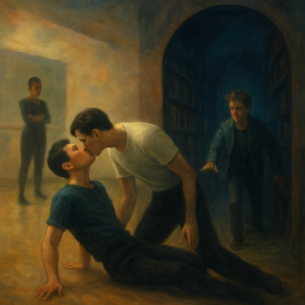 The dream takes place in a dance rehearsal room where the dreamer faces discomfort with a forced intimate act as part of staying in the cast. Encouraged by a friend, the dreamer escapes to a dark library, a labyrinthine sanctuary symbolizing a search for understanding and solitude.