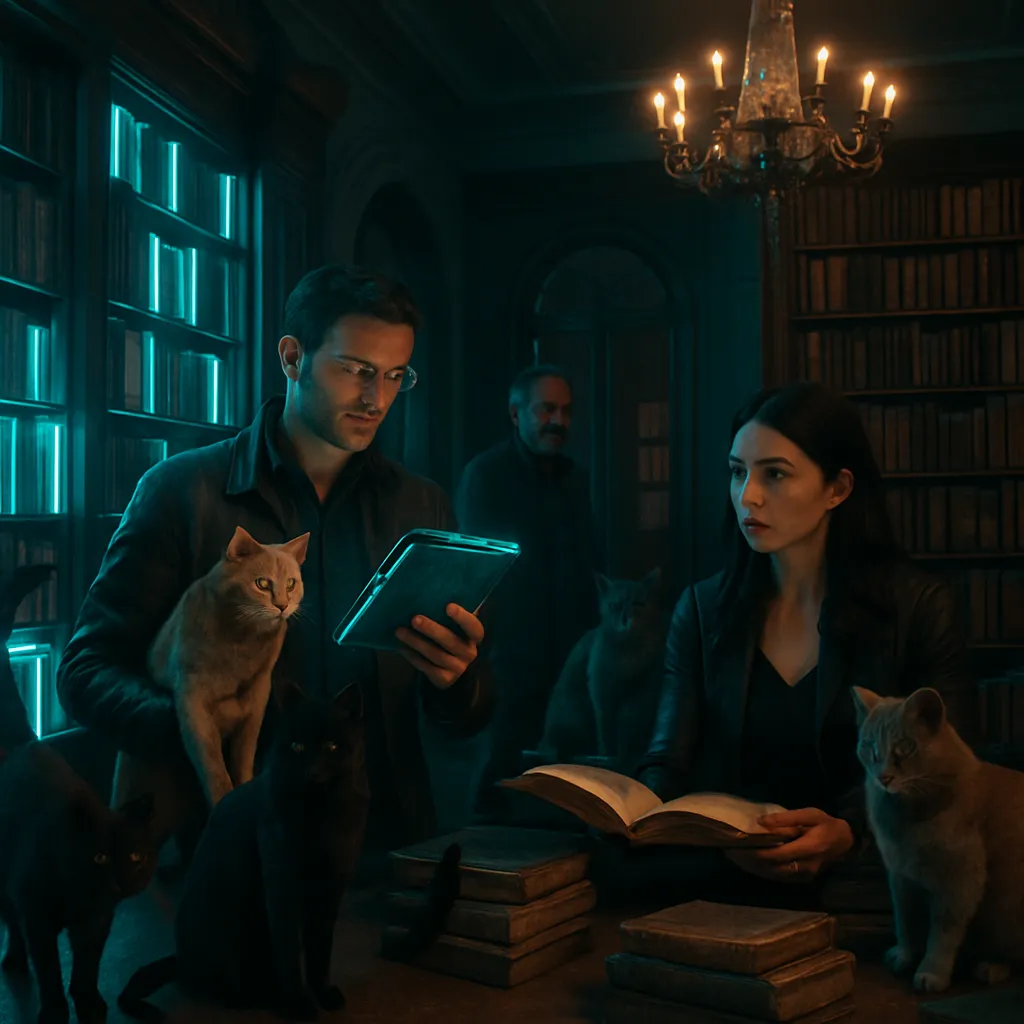 The dream takes place in a luxurious mansion where the dreamer explores modern and old books, encounters several cats with different characteristics, and interacts with people, including a female companion and someone named Morley. Themes of learning, instinct, and relationship dynamics are present.