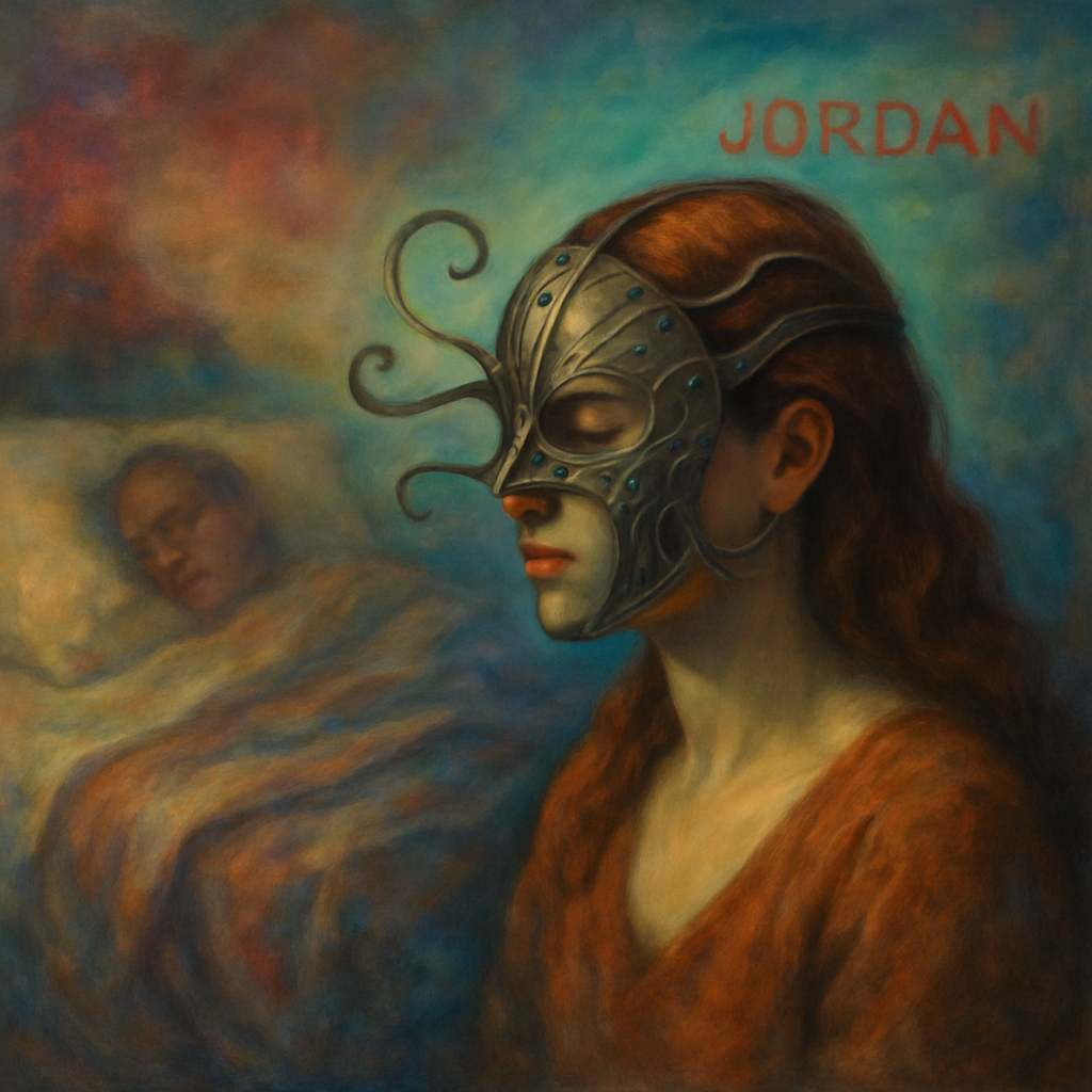 The dream describes the transition from discomfort to comfort through the use of a metal mask, possibly made by a woman named Jordan, symbolizing protection or concealment.