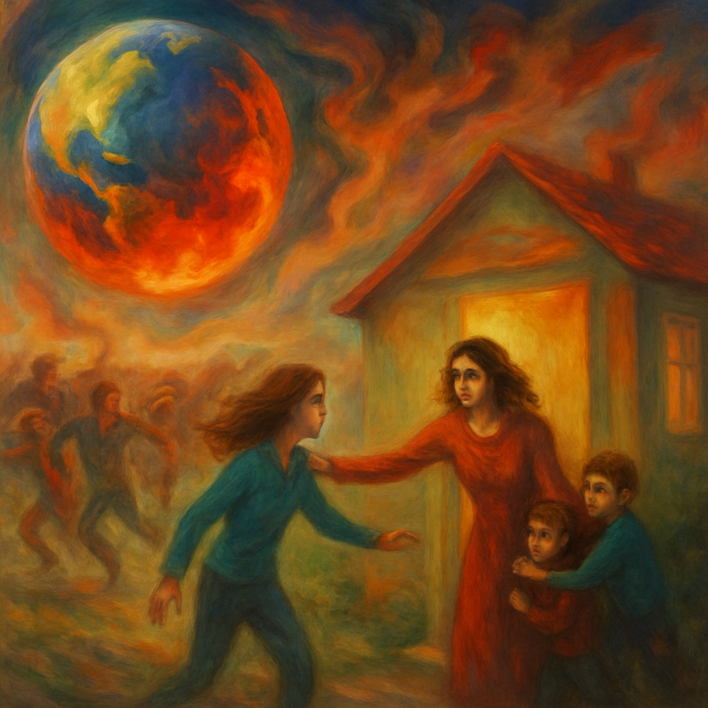 The dreamer is experiencing a scenario where the world is ending, people are going crazy, and amidst the chaos, they are trying to ensure their older children return home safely, but they struggle to do so.
