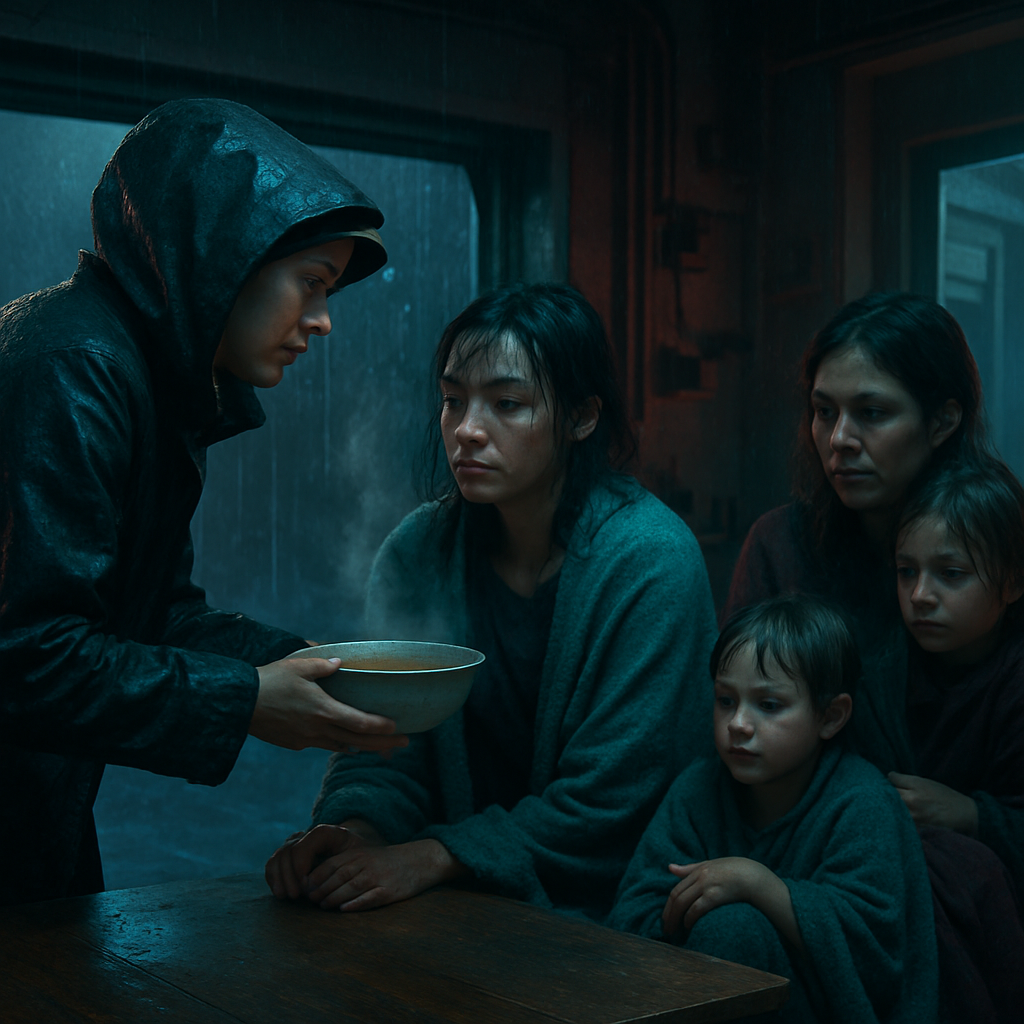 The dreamer repeatedly encounters individuals in distress in a drizzle and brings them into their home to decontaminate and help them recover. They provide comfort and nourishment, listening to their troubles before waking up.