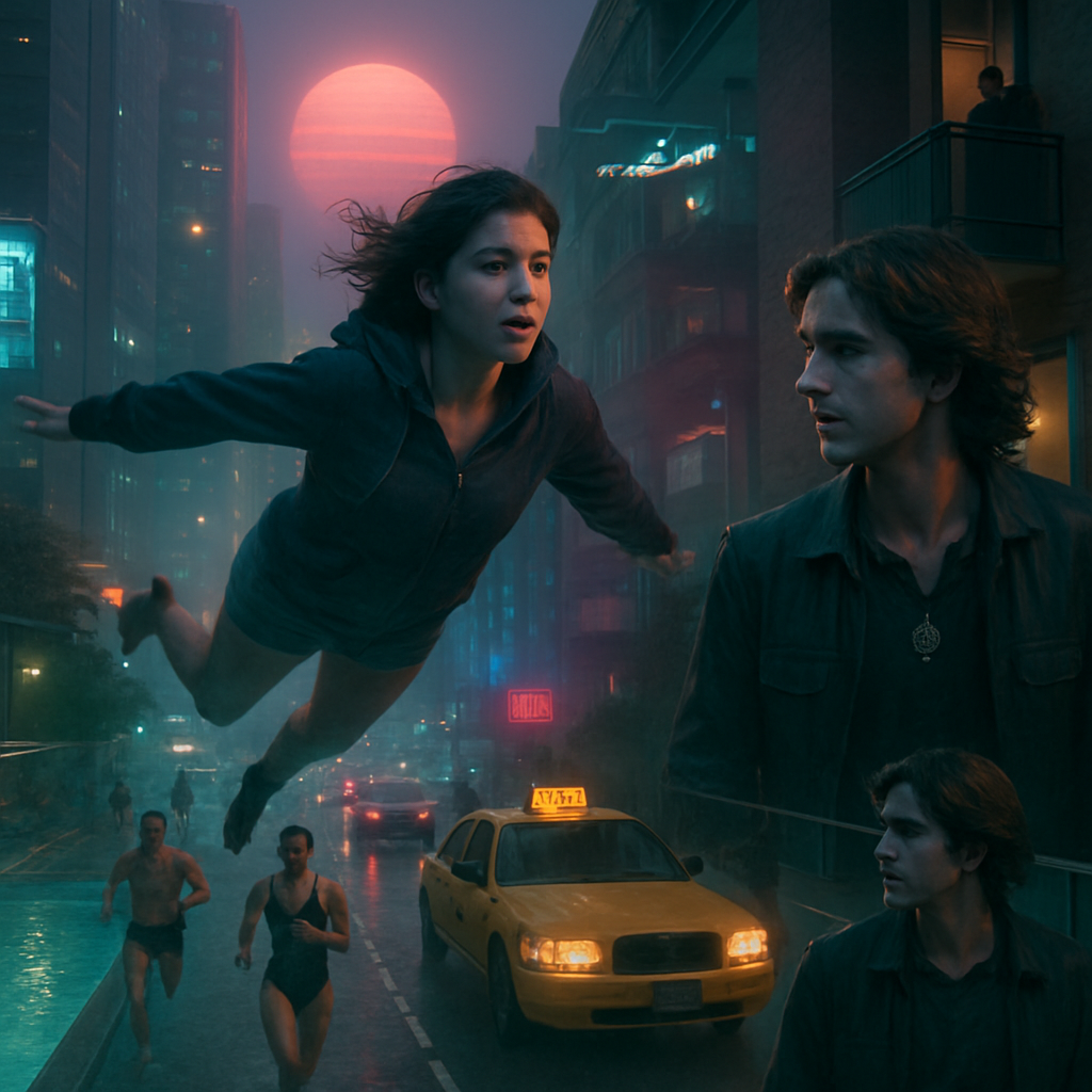 The dreamer swims and races with others, realizes this is a dream, and decides to fly to gain an advantage. Encountering music draws the dreamer to an intriguing young man, leading to shared flight. Additional scenes include concerns about a parasite and seating exclusion.