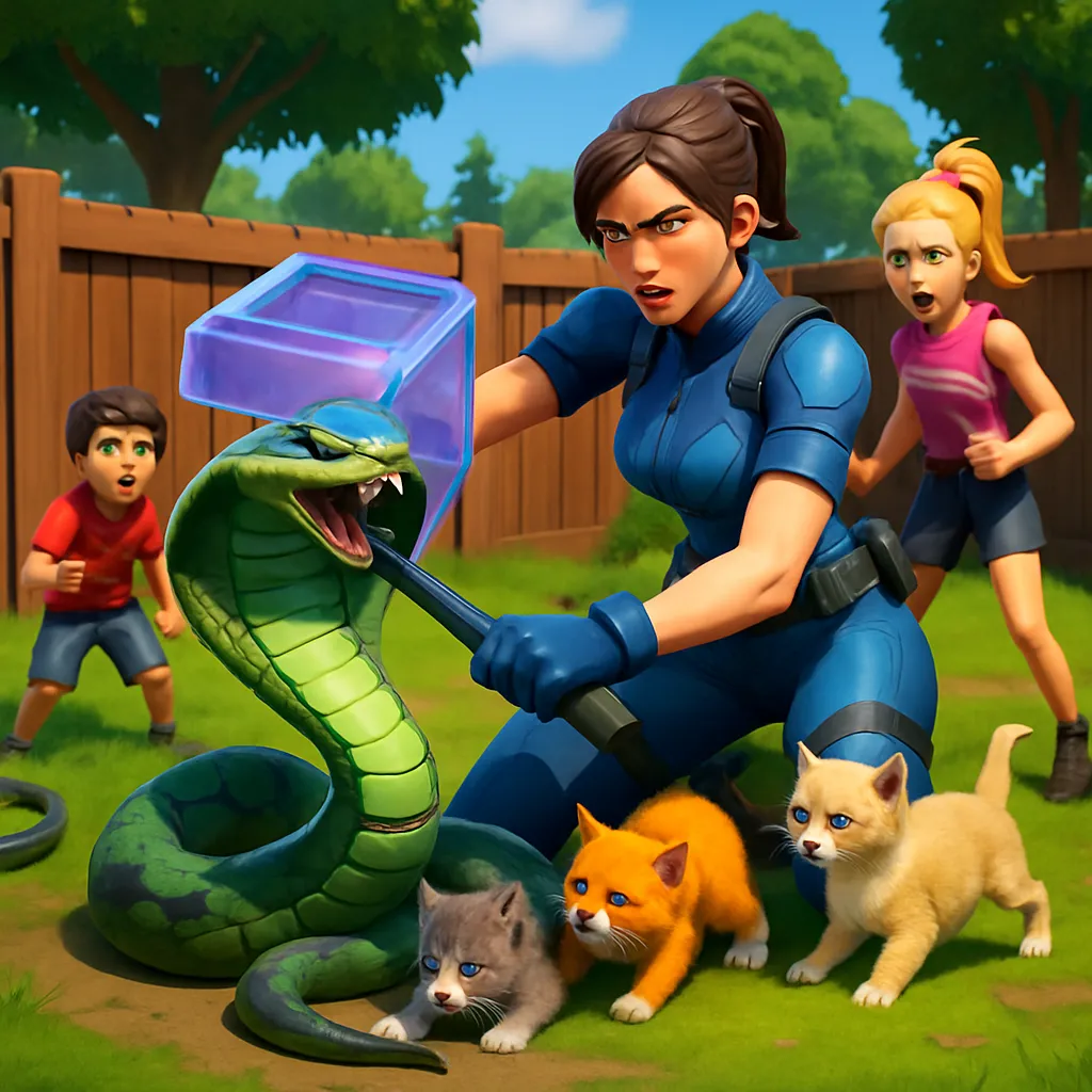 The dreamer is handling a chaotic situation where a venomous snake is fighting with kittens, with pressure from onlookers (possibly the dreamer's children) to resolve it. Ultimately, the snake is safely contained.