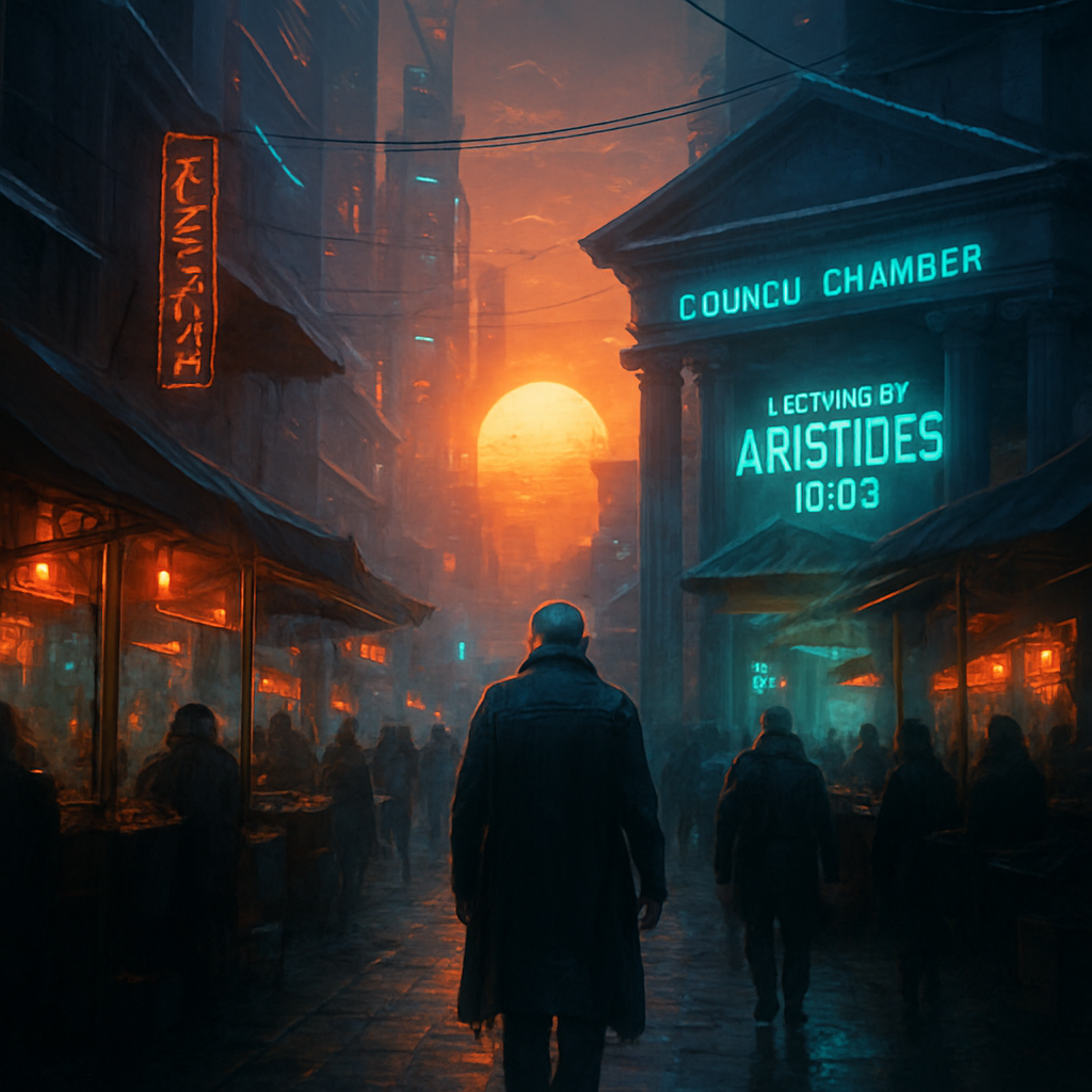 The dreamer sees the sun rising over the marketplace and recalls that Aristides will lecture at the Council Chamber at ten o'clock.