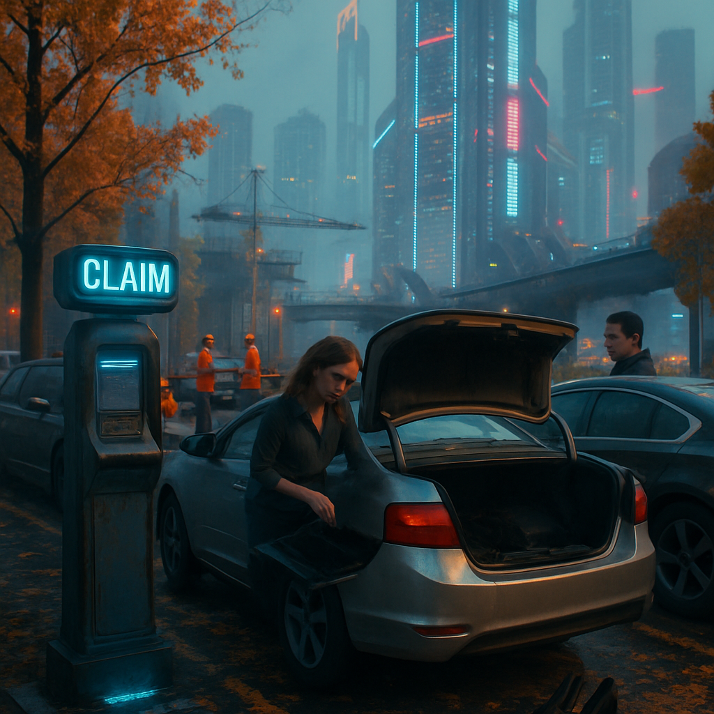 The dreamer navigates through a parking lot, experiencing confusion between their own and a boss’s car. A claim kiosk and a fall setting deepen the theme of attempts to address or fix life issues. Another scene in a futuristic city involves an intimate encounter with a friend.