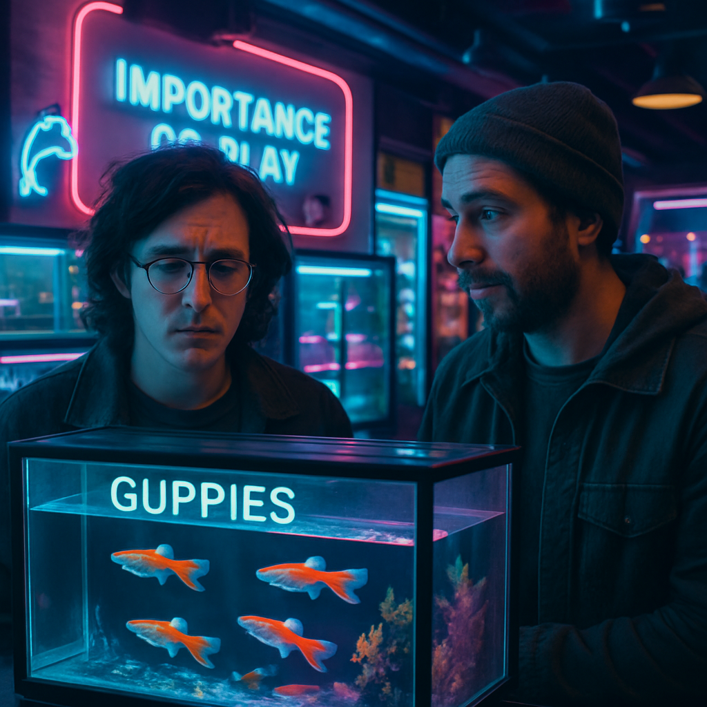 The dream involves the dreamer and their friend Tim visiting a pet store after attending a talk on play's importance. The dreamer considers buying guppies but recalls neglected fish at home, feeling guilty about their potential demise, while Tim offers hope they might survive.
