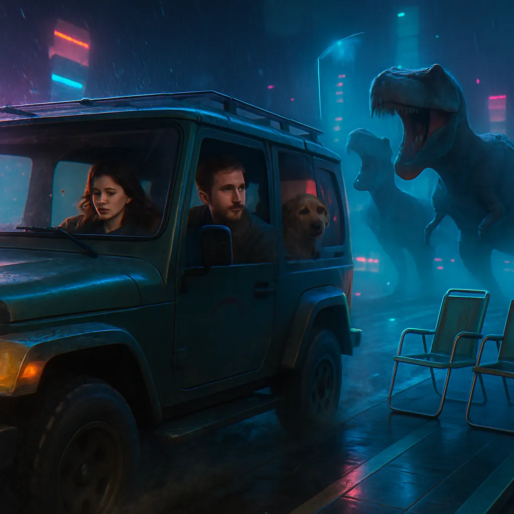 The dream involves a rapid, uncontrolled drive with an ex-partner in a Jeep, encountering dinosaurs, and later sitting in lawn chairs on a moving sidewalk.