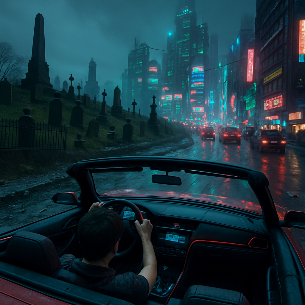 The dream involves driving a convertible on a challenging road past a cemetery, realizing the lack of a seatbelt, and navigating a crowded city.
