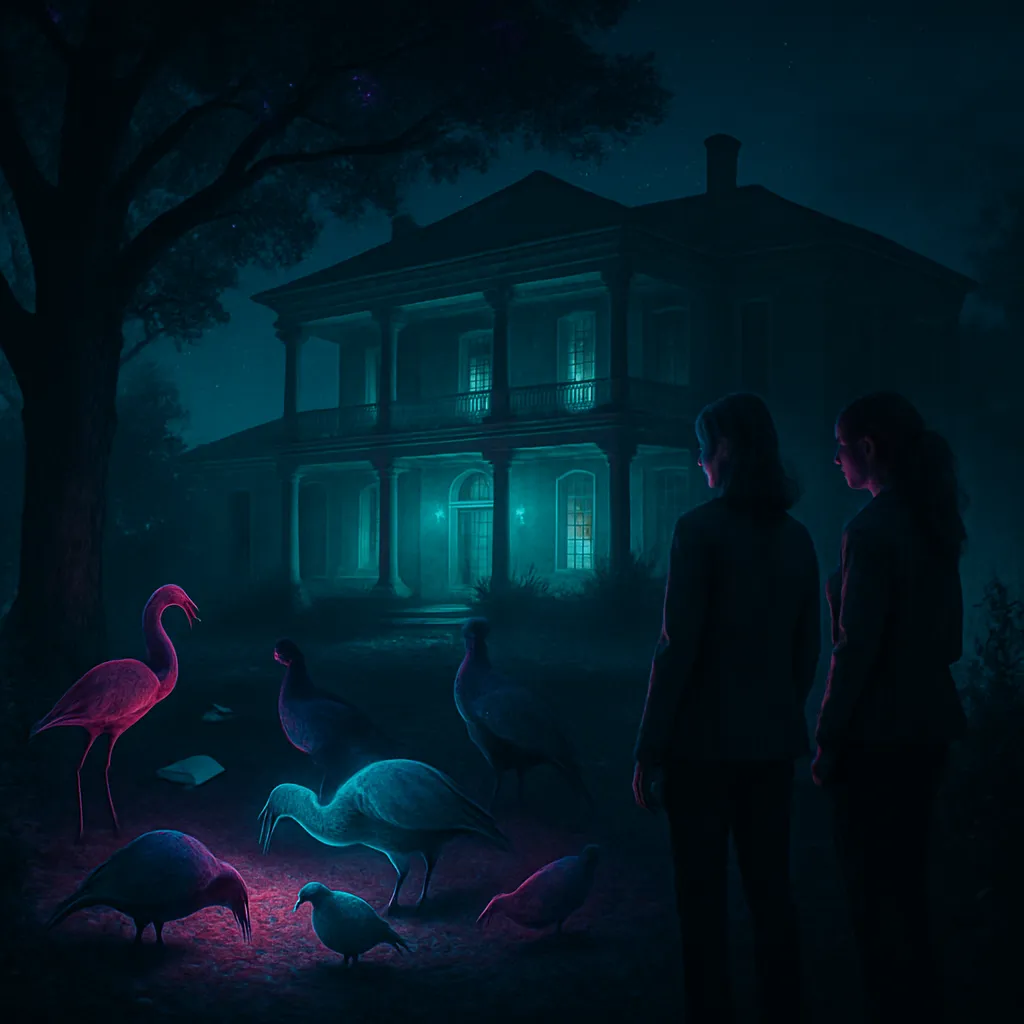 The dreamer was outside a southern plantation house at nighttime with a colleague, Lisa. They saw unique birds feeding under a navy blue sky, transitioning from fear to peace.