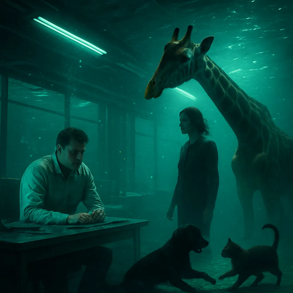 The dream involves working with an incompetent person, encountering a giraffe observing the dreamer's wife, playful interactions between a dog and cat, and a sensation of being underwater.