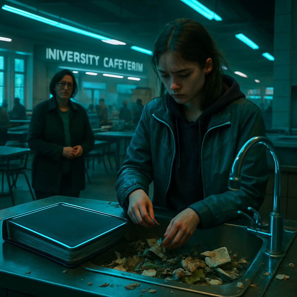 The dream takes place in a university setting, beginning with a cafeteria-like atmosphere where the dreamer loses a binder containing important assignments. Feeling anxious and attempting to clean up debris without success, the dreamer struggles to find their class and feels dismayed about missing opportunities, realizing they owe their mother financially.