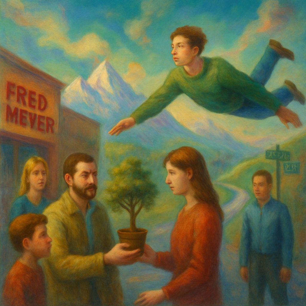 In a surreal version of reality, the dreamer navigates interactions with known and unknown figures, receives a gift of a tree, and experiences the sensation of flying, ultimately finding themselves detached from their original purpose of returning home.