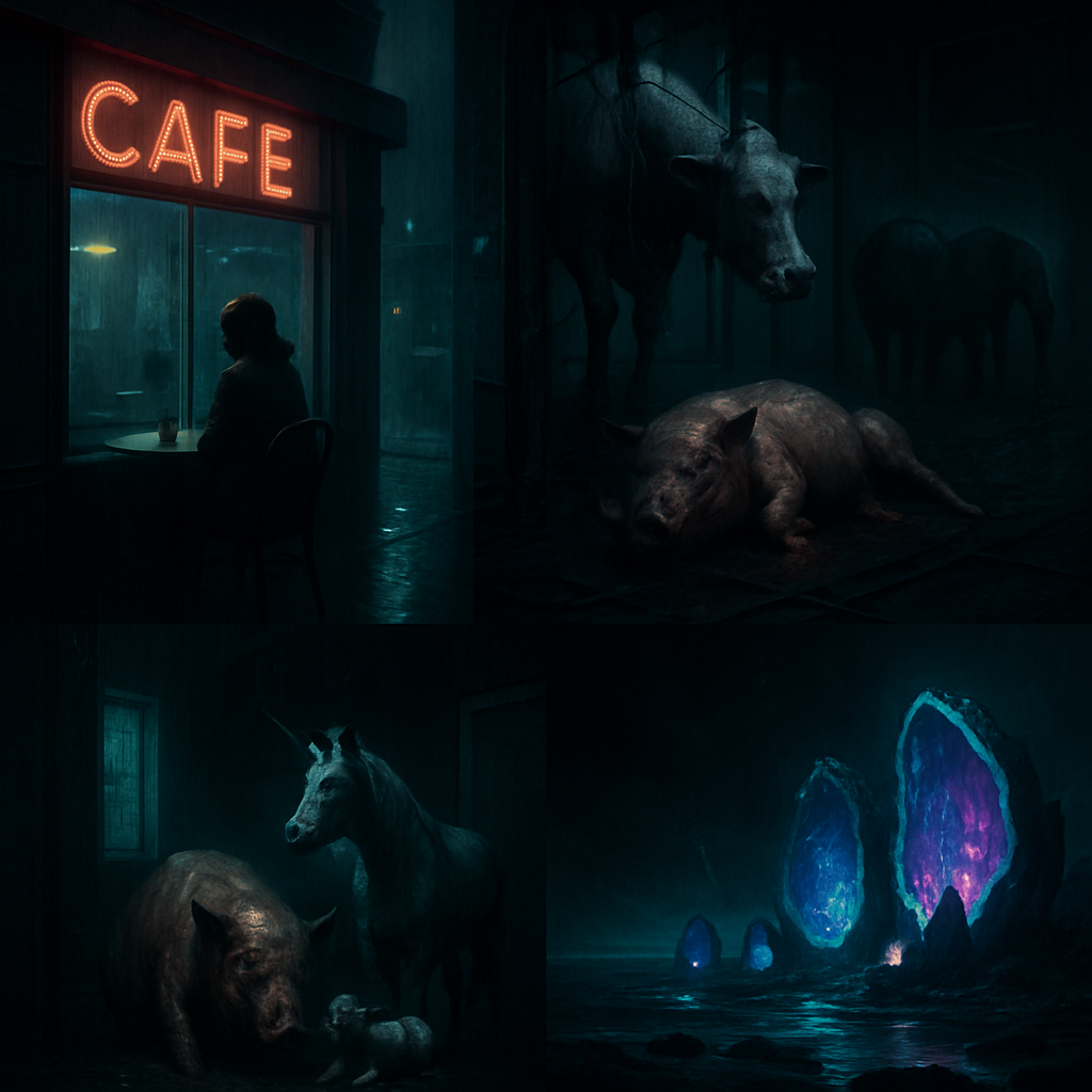 The dreamer waits at a cafe for friends, and later visits a slaughtering lot with a disturbing scene of animal exploitation. A visit to an upper room reveals sickly baby lambs and unicorns, followed by an exploration of amphitheaters made of crystal geodes on the ocean, each representing personal energies.