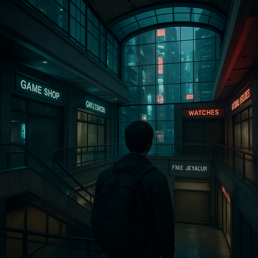 In a large urban city under a tight time constraint, the dreamer feels overwhelmed in a multi-floor shopping mall where most specialty shops are closed, leading to feelings of exclusion and disappointment.