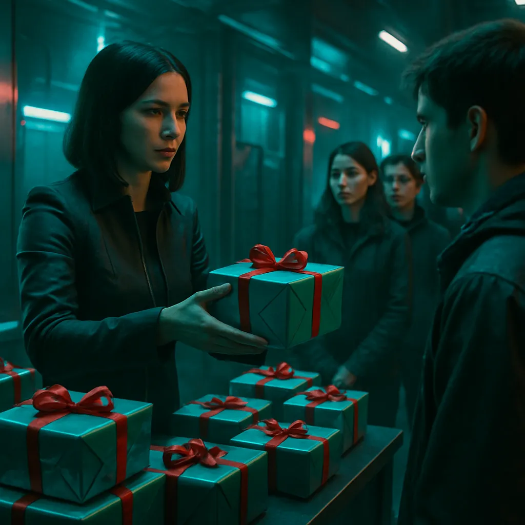 The dream involves a dark-haired woman distributing presents in an orderly environment, with the dreamer awaiting their turn.