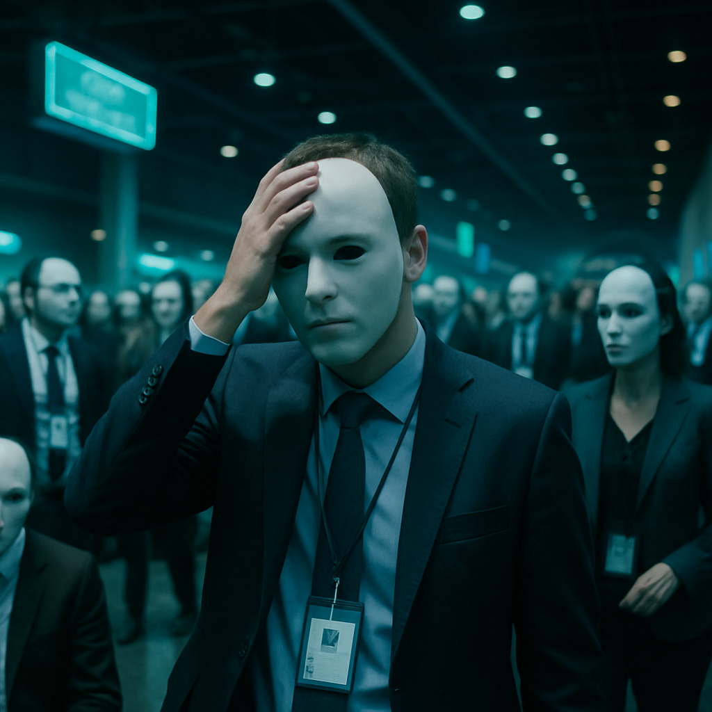 The dreamer is at a convention where everyone, including themselves, wears a mask, causing frustration as they cannot find their spouse. They worry about an upcoming speaking commitment.