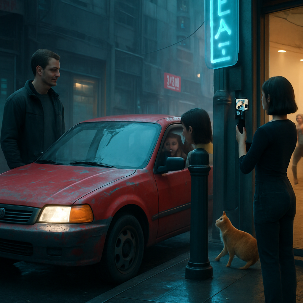 The dreamer waits outside where their husband arrives in an old red rental car. Kayla is filming a dance class but is interrupted by her new cat repeatedly escaping, which also affects George, who is allergic and cannot visit Kayla anymore.