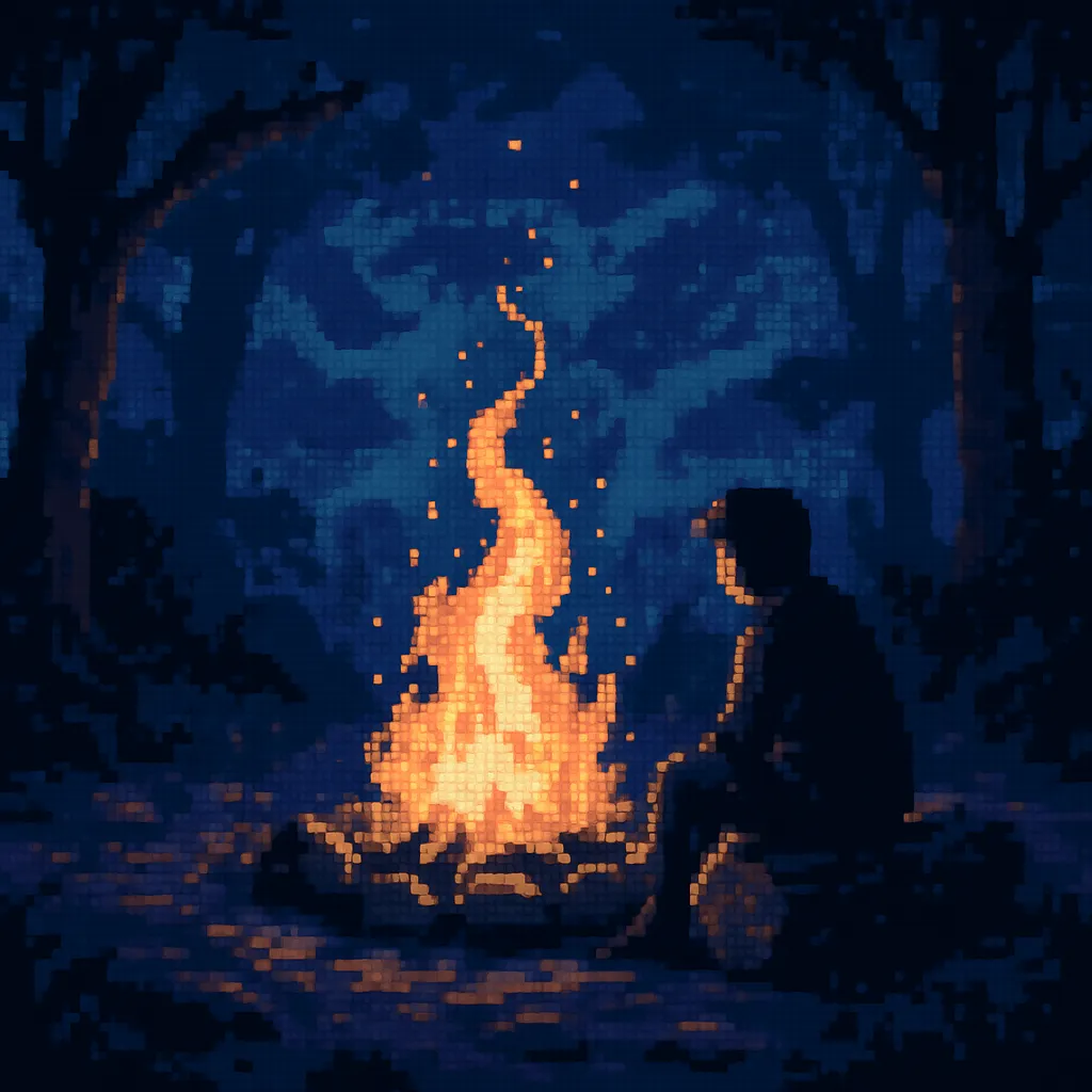 The dreamer wakes up in a world where things don't seem as they appear, sitting alone by a campfire with the fire as their only company.