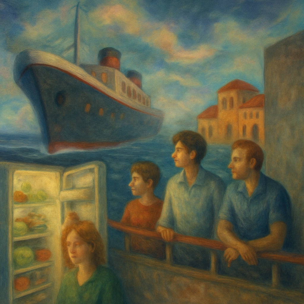 The dreamer is on a large boat with various rooms, interacting with friends, contemplating food choices, and confused about the travel direction, symbolizing a journey with feelings of confinement versus freedom.