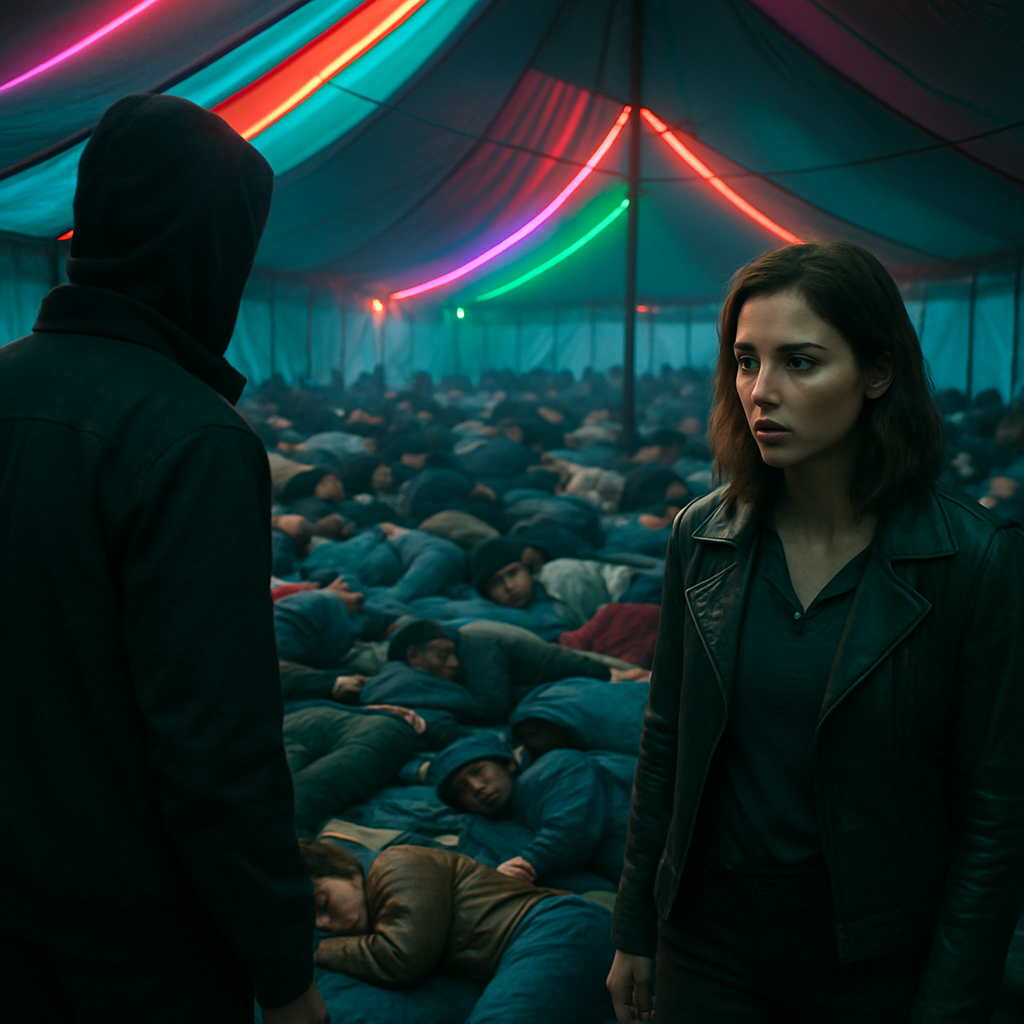 The dreamer and a woman go to a colorful, packed tent where people are sleeping during the day. The dreamer is aware of the noise made by the woman and feels concerned about disturbing the people.