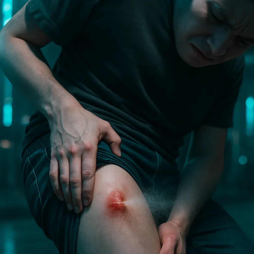 The dream involves discovering an abscess on the inside of your left upper thigh, which sporadically sprays a fine mist, causing feelings of disgust and unwelcome self-recognition.