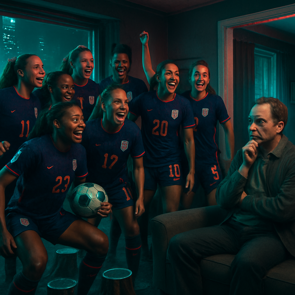 The dreamer receives a visit from the US women's soccer team at their home. The team is energetic and lively, which makes the dreamer wonder how to manage their presence. A field of large tree stumps is seen, tied to a significant but unclear fine.