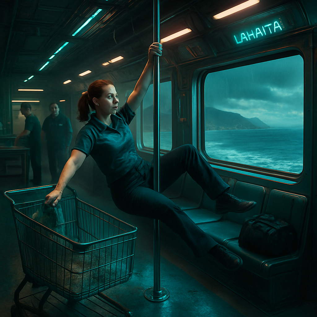 The dreamer works overtime at a grocery store, cleaning sticky carts, unexpectedly demonstrates pole dancing skills, rushes to leave but finds themselves on a train journeying to Lahaina, Maui, feeling disconnected and unsure about returning home.
